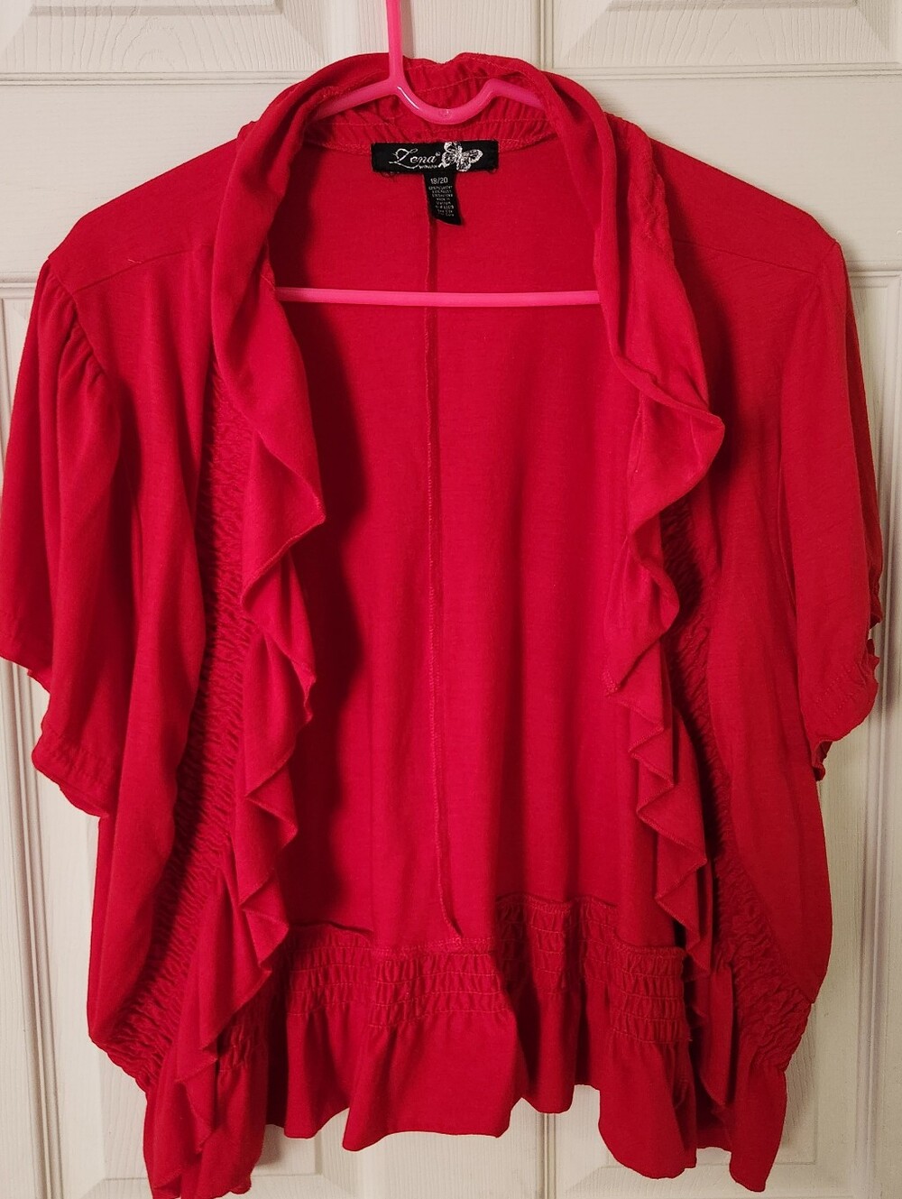 Lena Bright Red Ruffle-Trim Open-Front Cardigan